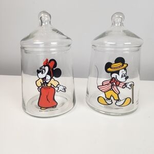 Vintage 70s Disney Mickey And Minnie Glass Lidded Cannister Set
